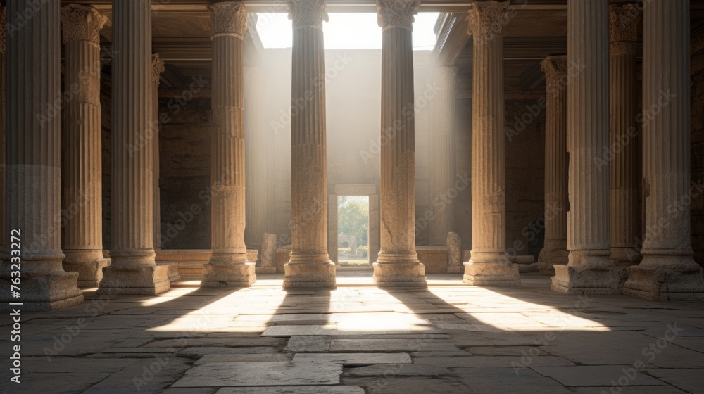 Greek temple's illuminated interior sunlight on altar and inscriptions