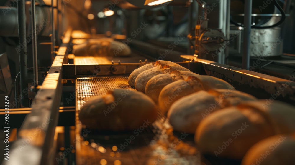 Freshly baked loaves on the conveyor of an industrial bakery.