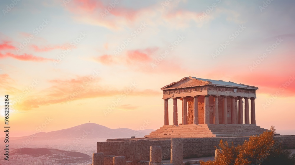 Obraz premium Sunrise silhouettes Greek temple orange-pink sky tranquil atmosphere