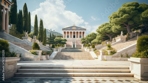 Complex of Greek temples interconnected gardens marble pathways
