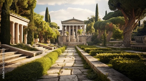 Grand Greek temple complex marble walkways lush gardens interconnect photo