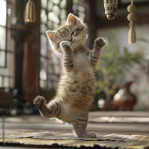 Baby cat practicing kung fu, performing a handstand