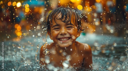 kids happily playing at summer under the pouring rain