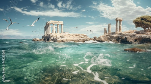Seafront Greek temple ruins Ionic columns clear water circling gulls photo