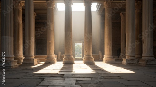 Greek temple's illuminated interior sunlight on altar and inscriptions