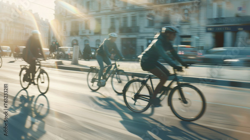 Urban dynamism: cyclists in motion blur navigating the bustling streets of a sunlit city.