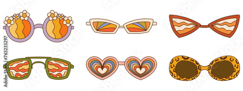 Retro Groovy sunglasses collection with different patterns. 1970's Vibe set