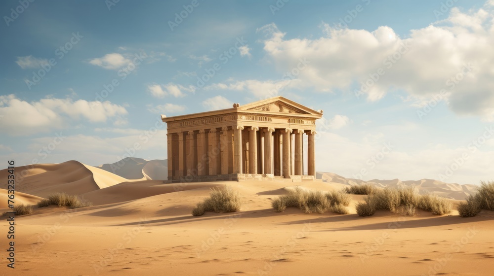 Ancient Greek temple among desert dunes columns touched by sand
