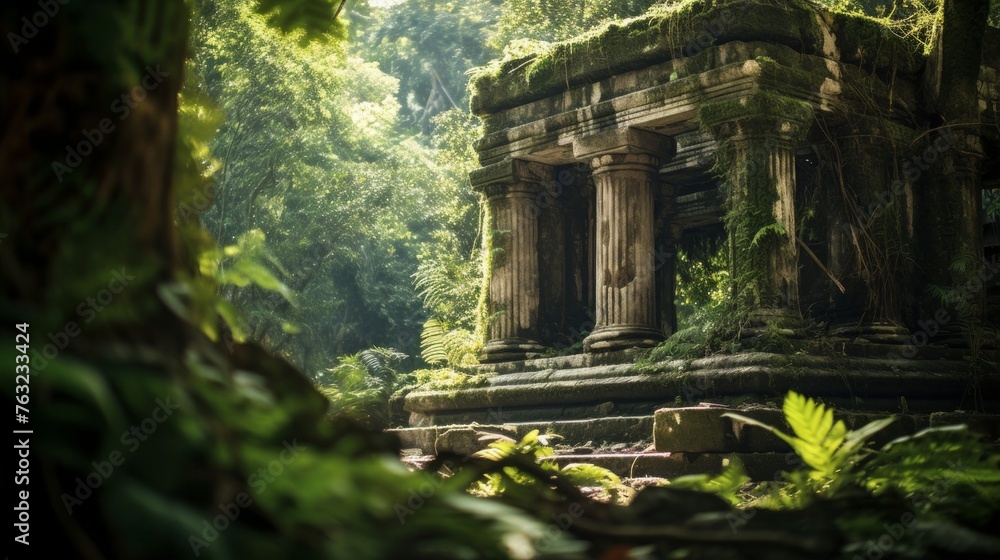 Naklejka premium Hidden Greek temple within dense jungle ruins amid vibrant foliage