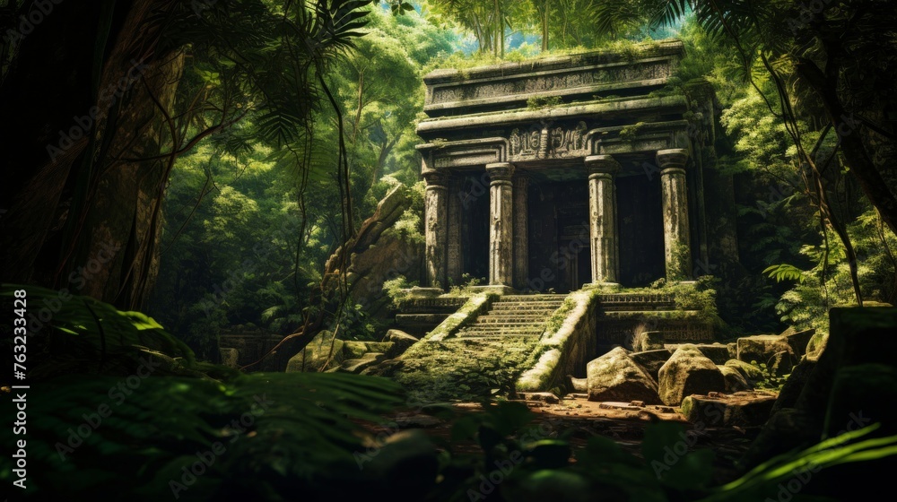 Greek temple in jungle tropical foliage encases ancient ruins
