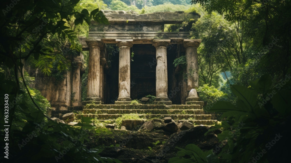 Naklejka premium Ancient Greek temple enveloped by jungle tropical plants abound