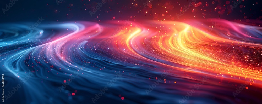 Abstract futuristic background with glowing lines and wavy shapes, creating an atmosphere of speed and motion. The colors include blue, orange, red, and black, providing a dynamic visual effect Abstract futuristic background with glowing lines and wavy shapes, creating an atmosphere of speed and motion. The colors include blue, orange, red, and black, providing a dynamic visual effect
