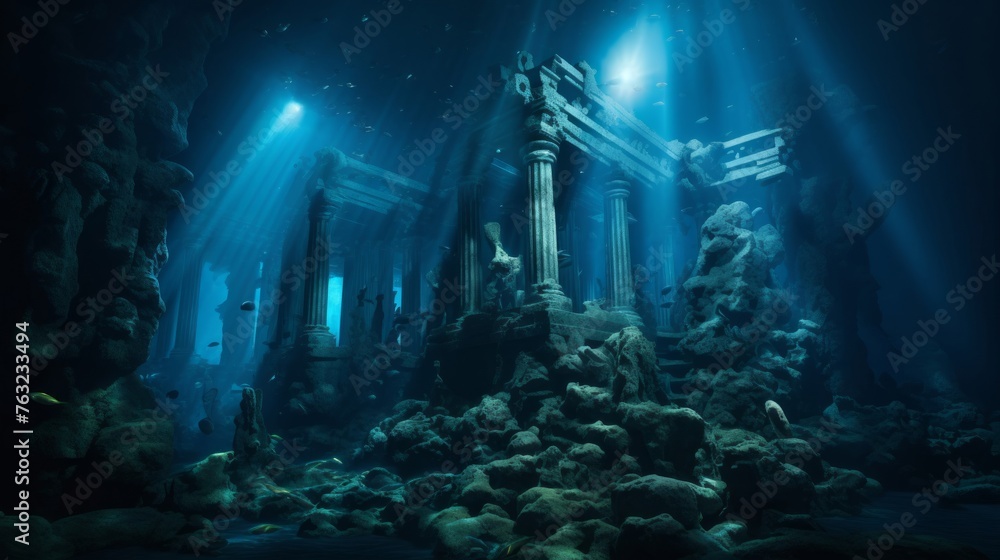Submerged Greek temple in cave illuminated by bioluminescent fauna