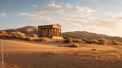 Greek temple in desert sand dunes encroach on ancient columns
