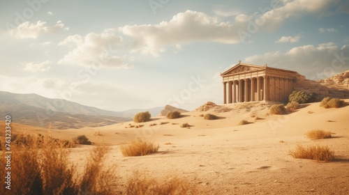 Sand dunes approach columns of Greek temple in sprawling desert