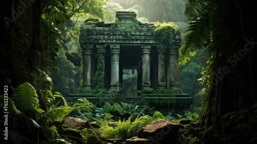 Dense jungle surrounds Greek temple ruins vibrant tropical foliage photo