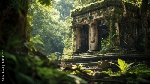 Hidden Greek temple within dense jungle ruins amid vibrant foliage