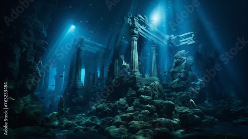 Submerged Greek temple in cave illuminated by bioluminescent fauna photo