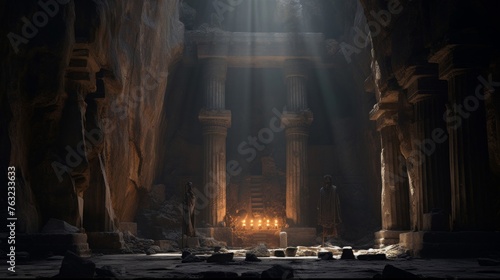 Greek temple in cave altar lit by penetrating sunlight beam photo