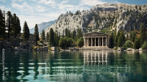Alpine lake mirrors Greek temple pristine reflection in clear waters