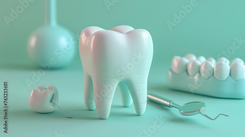 Dental Health Instruments and Tools on Mint Green Background
