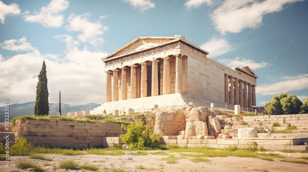 Fototapeta premium Daily life unfolds around Greek temple in bustling ancient city