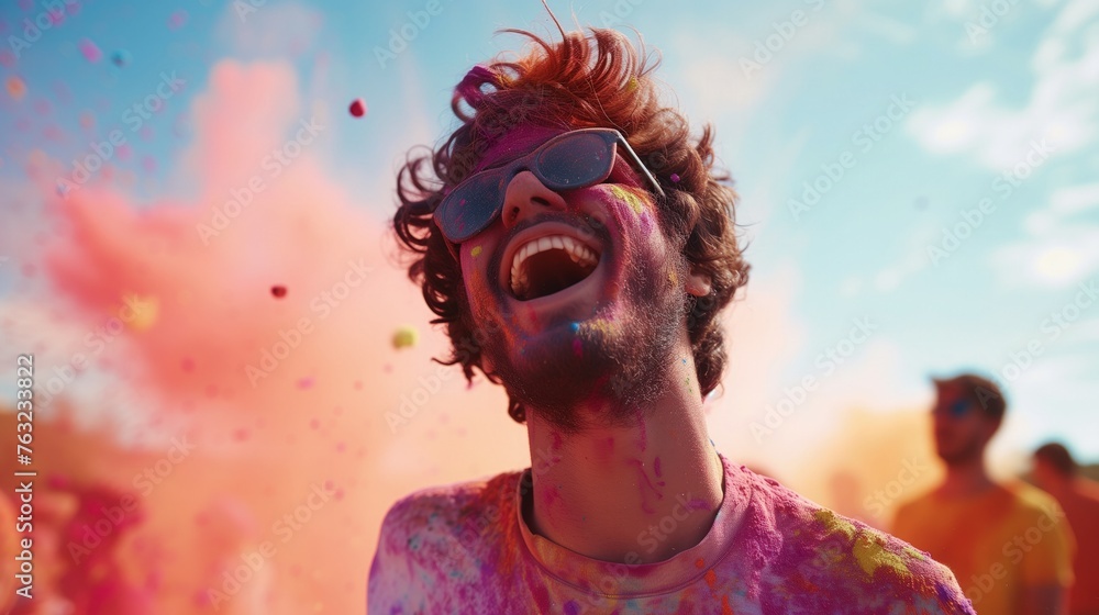 Mężczyzna o krótkich włosach, noszący okulary przeciwsłoneczne i kolorową koszulkę w stylu tie dye, bierze udział w dynamicznej i energetycznej celebracji kolorów podczas festiwalu Holi. - obrazy, fototapety, plakaty 