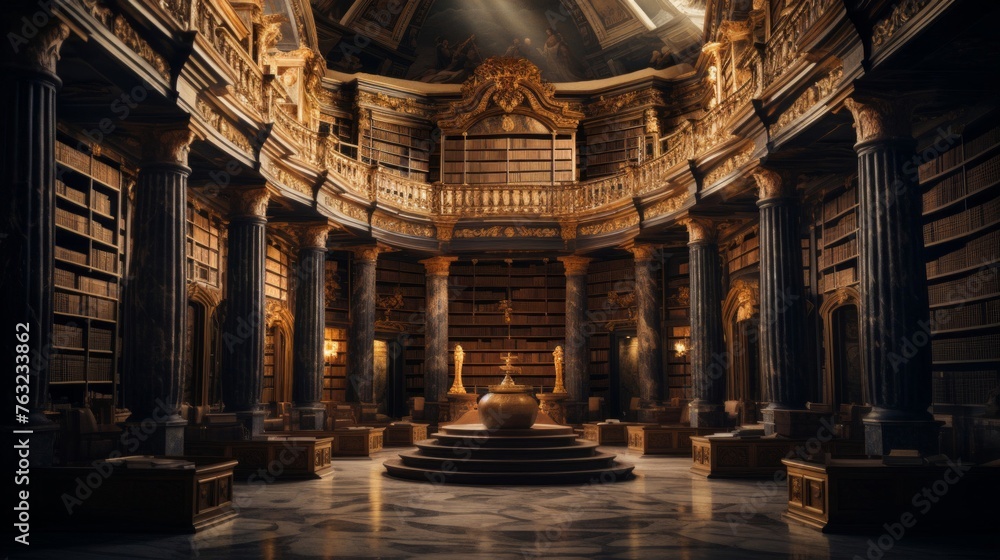 Greek temple transformed into magical library shelves of ancient texts - obrazy, fototapety, plakaty 