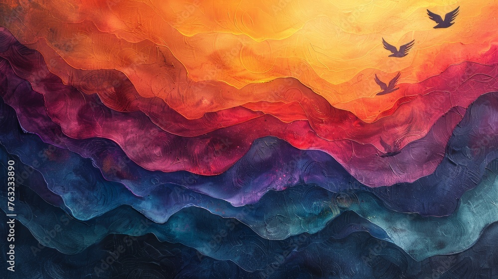 Abstract colorful landscape with flying birds