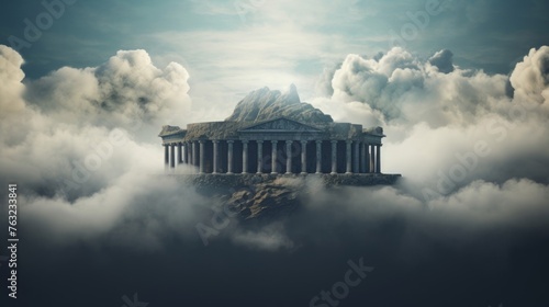 Ethereal Greek temple atop floating island clouds and mystery abound photo