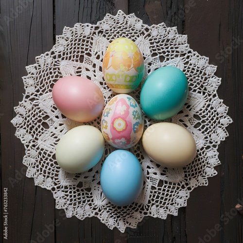 Traditional Easter Eggs beautifully arranged on a vintage lace doily For Social Media Post Size