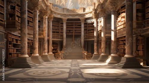 Magical library within Greek temple ancient scrolls and books fill shelves
