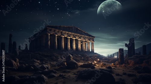 Otherworldly landscape with Greek temple aliens observe in wonder
