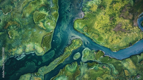 Aerial view of a meandering river with lush greenery © iVGraphic