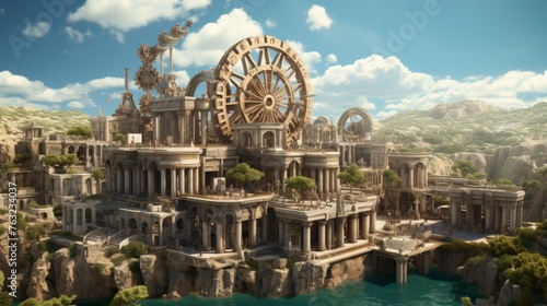Steampunk cityscape centers around Greek temple gears and airships abound