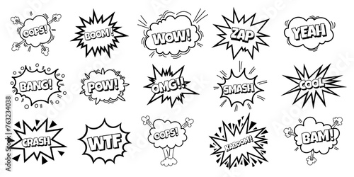 Pow comic bubble collection. Sound dialogue speech bubbles with word - Oops, WOW, Boom and other. Pop art expression in black and white color.
