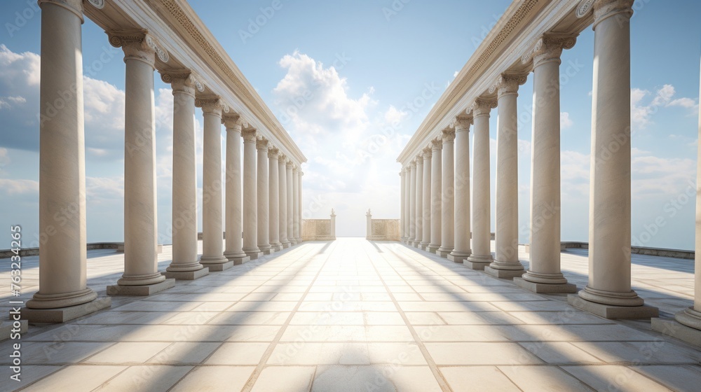 Infinite perspective of Doric colonnade columns reaching into horizon