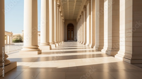 Covered Doric walkway columns cast intricate shadow patterns below