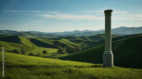 Graceful Doric column stands before rolling hills melding with nature