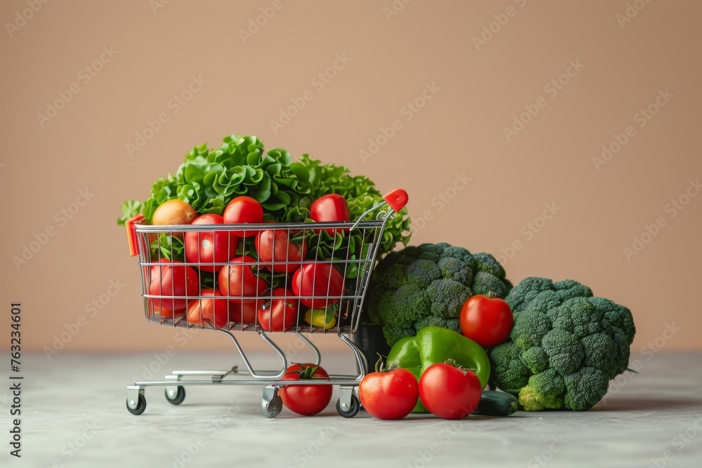 Close up of full shopping cart in grocery store Close up of full shopping cart in grocery store