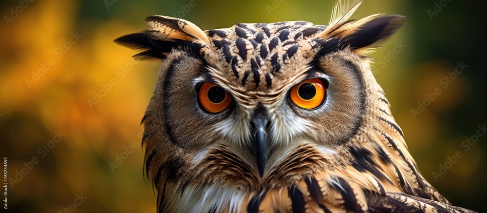 A close up of a screech owl, a terrestrial bird in Falconiformes order, with distinctive orange eyes and a sharp beak, looking directly at the camera A close up of a screech owl, a terrestrial bird in Falconiformes order, with distinctive orange eyes and a sharp beak, looking directly at the camera