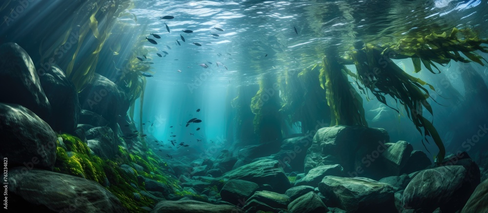 A school of fish gracefully navigates the dark underwater forest, surrounded by terrestrial plants and marine wildlife in electric blue hues A school of fish gracefully navigates the dark underwater forest, surrounded by terrestrial plants and marine wildlife in electric blue hues