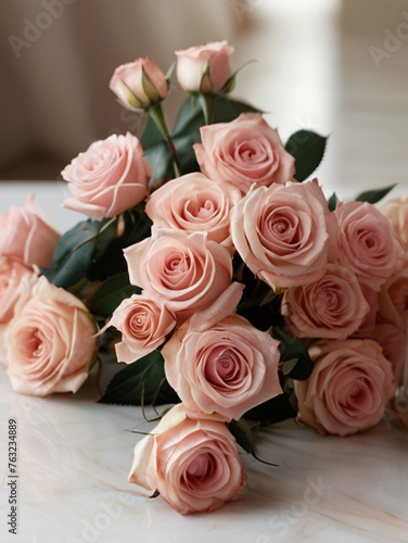 Beautiful pink roses flower arrangement in the elegant luxury home