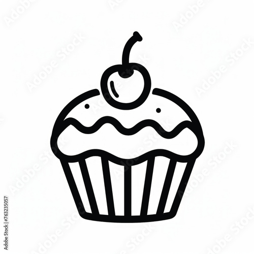 logo of a cake with a cherry on top. Fine and black mono line icon black on white background, clean, 