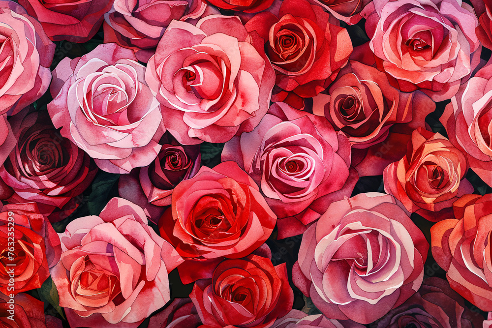 Top view of many red and pink rose flowers Top view of many red and pink rose flowers