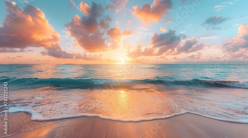 Fototapeta Naklejka Na Ścianę i Meble -  A Colorful Sunrise on a Tropical Beach with a Peaceful Seascape. Concept Sunrise Photography, Tropical Beach, Seascape, Colorful, Peaceful