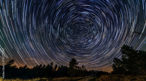 Star trails over a forest at night