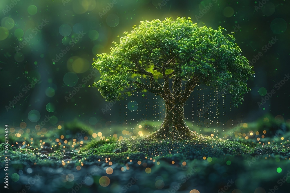 A tree growing in the ground with digital icons and data flowing from it, representing technology's role as a symbol for environmental protection. The background is blurred, creating a sense of depth. A tree growing in the ground with digital icons and data flowing from it, representing technology's role as a symbol for environmental protection. The background is blurred, creating a sense of depth.