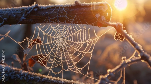 Frosted spider web on a cold morning