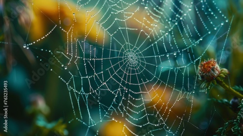 Dew-covered spider web among flowers